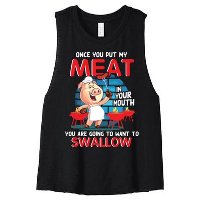 Once You Put My Meat In Your Mouth Funny BBQ Women's Racerback Cropped Tank