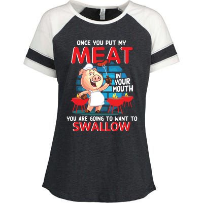 Once You Put My Meat In Your Mouth Funny BBQ Enza Ladies Jersey Colorblock Tee