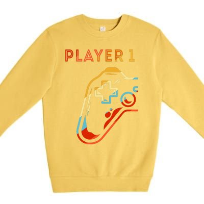 Player 1 Funny Video Game Lover Joystick Retro Matching  Gamer Couple Premium Crewneck Sweatshirt