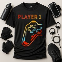 Player 1 Funny Video Game Lover Joystick Retro Matching  Gamer Couple Performance Shirt