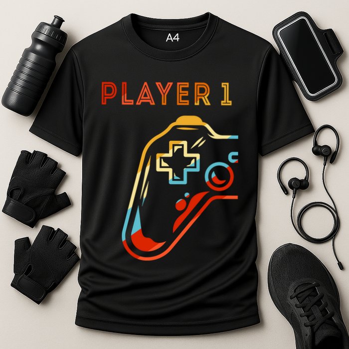Player 1 Funny Video Game Lover Joystick Retro Matching  Gamer Couple Performance Shirt