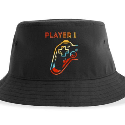 Player 1 Funny Video Game Lover Joystick Retro Matching  Gamer Couple Sustainable Bucket Hat