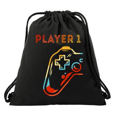 Player 1 Funny Video Game Lover Joystick Retro Matching  Gamer Couple Drawstring Bag