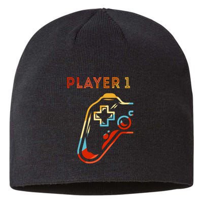 Player 1 Funny Video Game Lover Joystick Retro Matching  Gamer Couple Sustainable Beanie