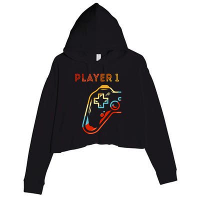 Player 1 Funny Video Game Lover Joystick Retro Matching  Gamer Couple Crop Fleece Hoodie