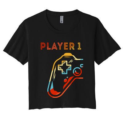Player 1 Funny Video Game Lover Joystick Retro Matching  Gamer Couple Crop Top