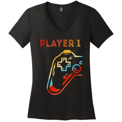 Player 1 Funny Video Game Lover Joystick Retro Matching  Gamer Couple Women's V-Neck T-Shirt