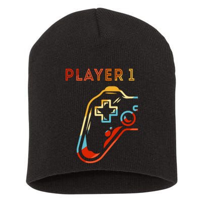 Player 1 Funny Video Game Lover Joystick Retro Matching  Gamer Couple Short Acrylic Beanie