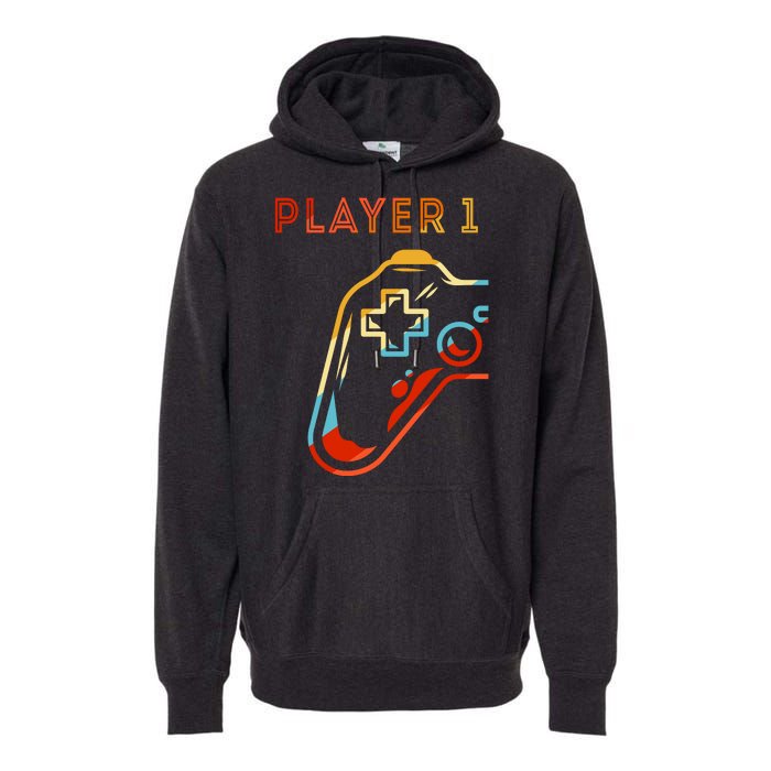 Player 1 Funny Video Game Lover Joystick Retro Matching  Gamer Couple Premium Hoodie