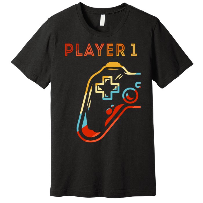 Player 1 Funny Video Game Lover Joystick Retro Matching  Gamer Couple Premium T-Shirt