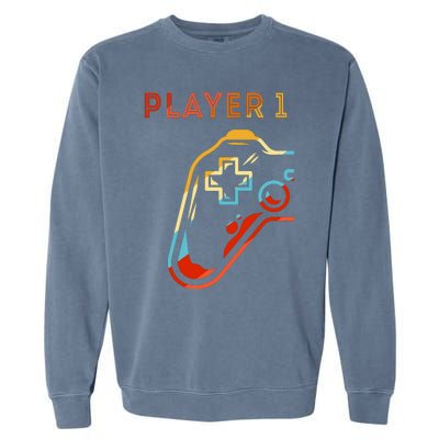 Player 1 Funny Video Game Lover Joystick Retro Matching  Gamer Couple Garment-Dyed Sweatshirt