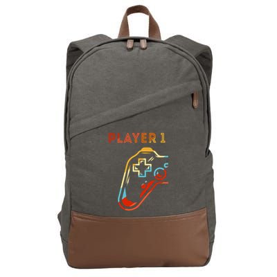 Player 1 Funny Video Game Lover Joystick Retro Matching  Gamer Couple Cotton Canvas Backpack