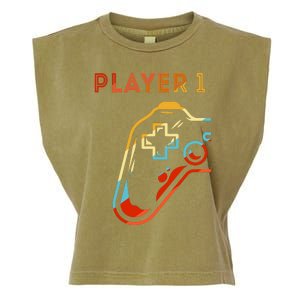 Player 1 Funny Video Game Lover Joystick Retro Matching  Gamer Couple Garment-Dyed Women's Muscle Tee