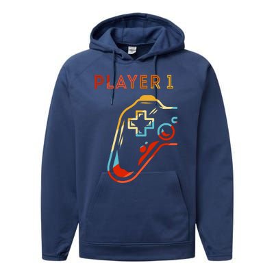 Player 1 Funny Video Game Lover Joystick Retro Matching  Gamer Couple Performance Fleece Hoodie