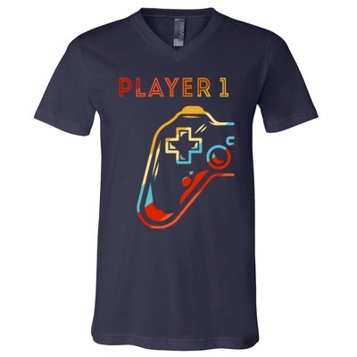 Player 1 Funny Video Game Lover Joystick Retro Matching  Gamer Couple V-Neck T-Shirt