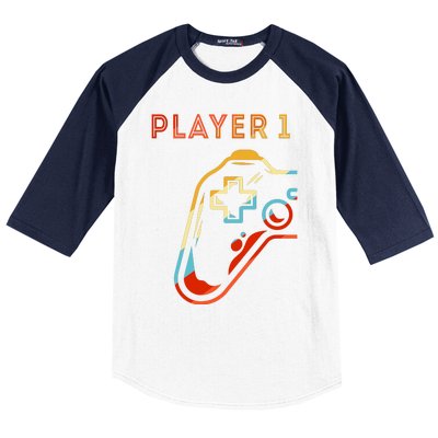 Player 1 Funny Video Game Lover Joystick Retro Matching  Gamer Couple Baseball Sleeve Shirt