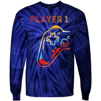 Player 1 Funny Video Game Lover Joystick Retro Matching  Gamer Couple Tie-Dye Long Sleeve Shirt