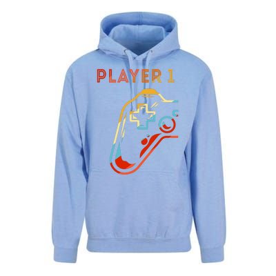 Player 1 Funny Video Game Lover Joystick Retro Matching  Gamer Couple Unisex Surf Hoodie