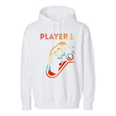 Player 1 Funny Video Game Lover Joystick Retro Matching  Gamer Couple Garment-Dyed Fleece Hoodie