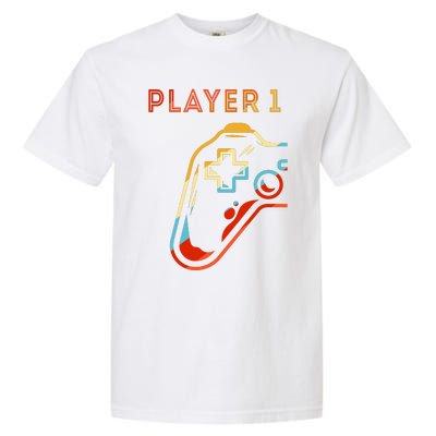 Player 1 Funny Video Game Lover Joystick Retro Matching  Gamer Couple Garment-Dyed Heavyweight T-Shirt