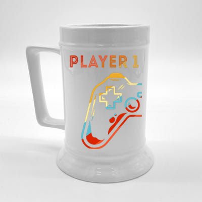 Player 1 Funny Video Game Lover Joystick Retro Matching  Gamer Couple Beer Stein