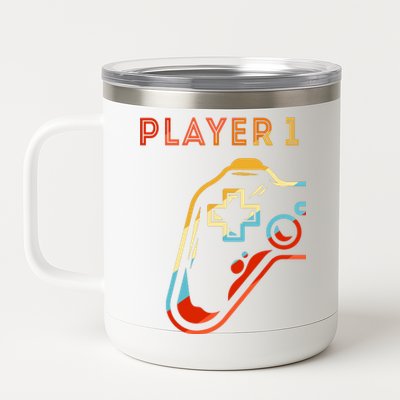 Player 1 Funny Video Game Lover Joystick Retro Matching  Gamer Couple 12 oz Stainless Steel Tumbler Cup