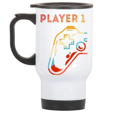 Player 1 Funny Video Game Lover Joystick Retro Matching  Gamer Couple Stainless Steel Travel Mug