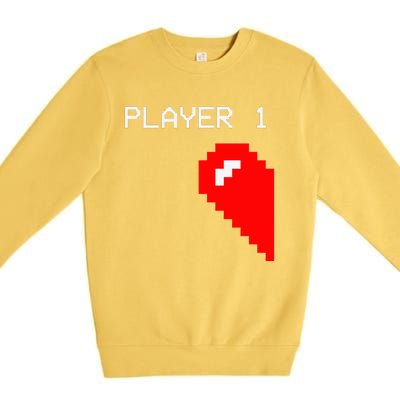 Player 1 Funny Video Game Lover Joystick Matching Gamer Couple Premium Crewneck Sweatshirt