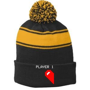 Player 1 Funny Video Game Lover Joystick Matching Gamer Couple Stripe Pom Pom Beanie