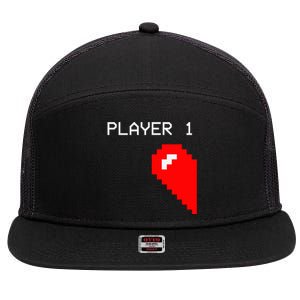 Player 1 Funny Video Game Lover Joystick Matching Gamer Couple 7 Panel Mesh Trucker Snapback Hat