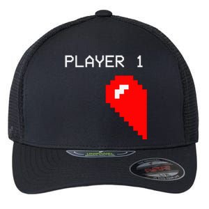 Player 1 Funny Video Game Lover Joystick Matching Gamer Couple Flexfit Unipanel Trucker Cap