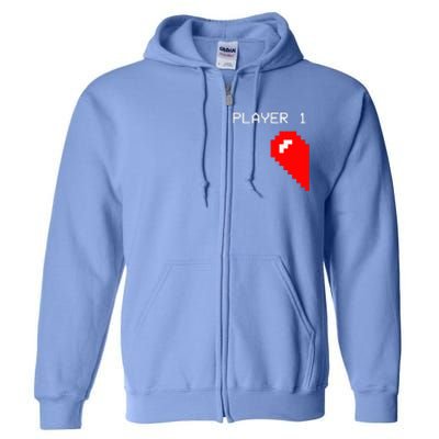 Player 1 Funny Video Game Lover Joystick Matching Gamer Couple Full Zip Hoodie