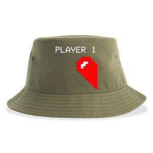 Player 1 Funny Video Game Lover Joystick Matching Gamer Couple Sustainable Bucket Hat