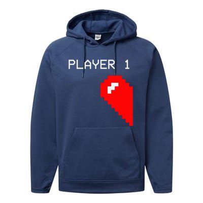 Player 1 Funny Video Game Lover Joystick Matching Gamer Couple Performance Fleece Hoodie