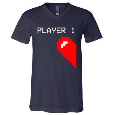 Player 1 Funny Video Game Lover Joystick Matching Gamer Couple V-Neck T-Shirt