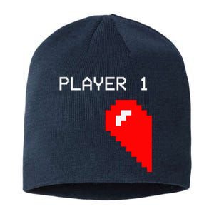 Player 1 Funny Video Game Lover Joystick Matching Gamer Couple Sustainable Beanie