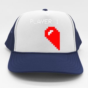 Player 1 Funny Video Game Lover Joystick Matching Gamer Couple Trucker Hat