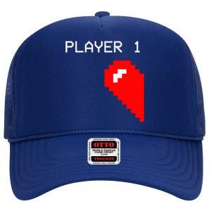 Player 1 Funny Video Game Lover Joystick Matching Gamer Couple High Crown Mesh Back Trucker Hat