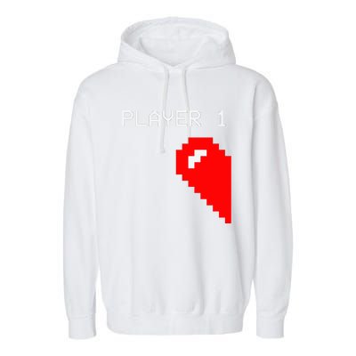 Player 1 Funny Video Game Lover Joystick Matching Gamer Couple Garment-Dyed Fleece Hoodie