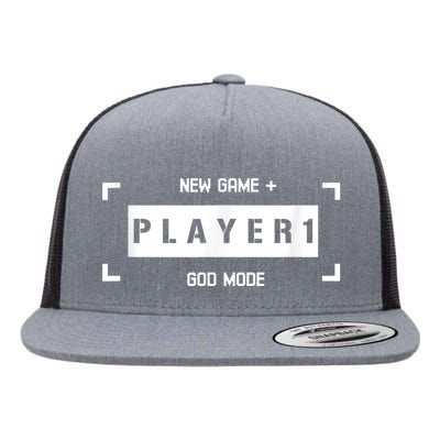 Player 1 God Mode New Game Plus Cool Gamer Flat Bill Trucker Hat