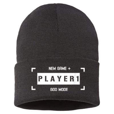 Player 1 God Mode New Game Plus Cool Gamer Sustainable Knit Beanie