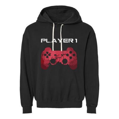 Player 1 Player 2 Gamer Gaming Matching Dad Son Couple Garment-Dyed Fleece Hoodie
