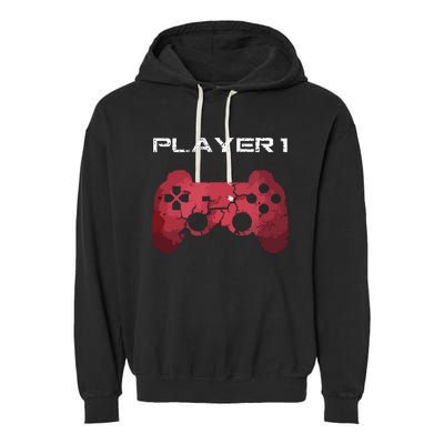 Player 1 Player 2 Gamer Gaming Matching Dad Son Couple Garment-Dyed Fleece Hoodie