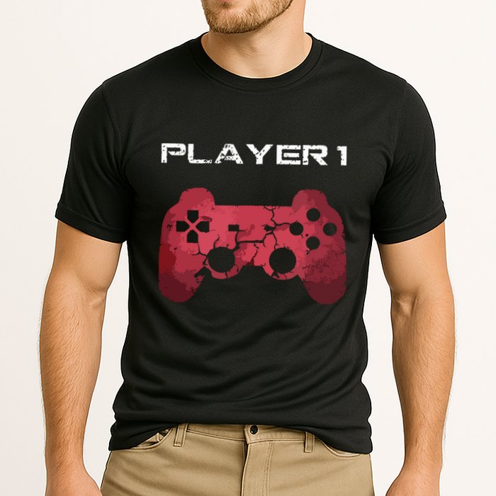 Player 1 Player 2 Gamer Gaming Matching Dad Son Couple Cooling Performance Crew T-Shirt