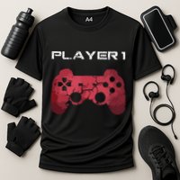 Player 1 Player 2 Gamer Gaming Matching Dad Son Couple Cooling Performance Crew T-Shirt