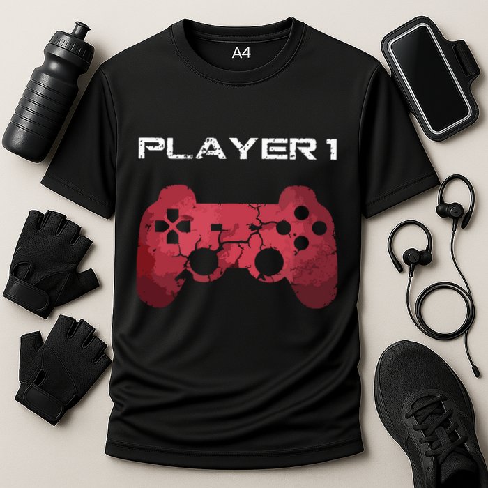 Player 1 Player 2 Gamer Gaming Matching Dad Son Couple Cooling Performance Crew T-Shirt