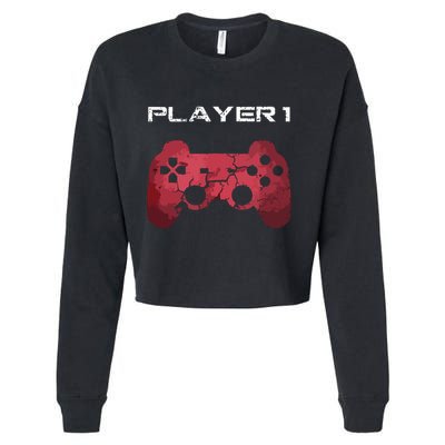 Player 1 Player 2 Gamer Gaming Matching Dad Son Couple Cropped Pullover Crew