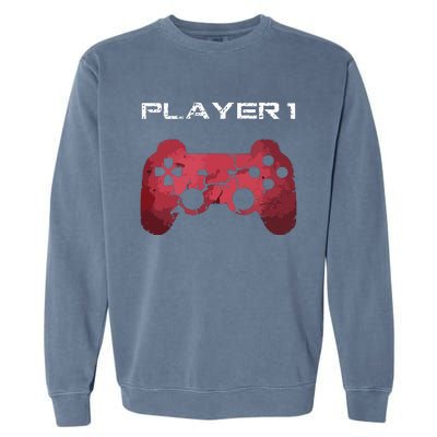 Player 1 Player 2 Gamer Gaming Matching Dad Son Couple Garment-Dyed Sweatshirt