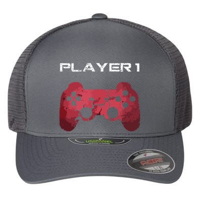 Player 1 Player 2 Gamer Gaming Matching Dad Son Couple Flexfit Unipanel Trucker Cap