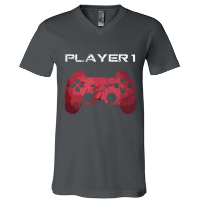 Player 1 Player 2 Gamer Gaming Matching Dad Son Couple V-Neck T-Shirt